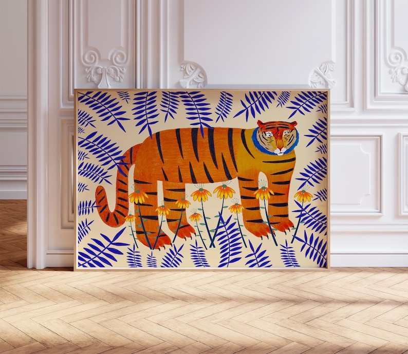 Lucky Tiger Art Print, Bright Home Decor, For Kitchen, Bedroom, Dining, Living Room, Office, House Warming, Birthday Gift, Animals, Flowers